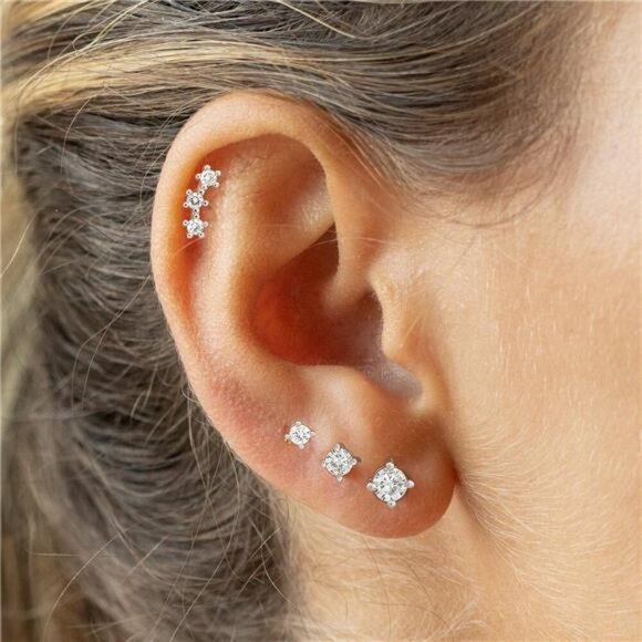 Silver Stud Earring Set – 4 Pairs CZ Multi-Size Set 925 Sterling Silver Dainty - Picture 2 of 6